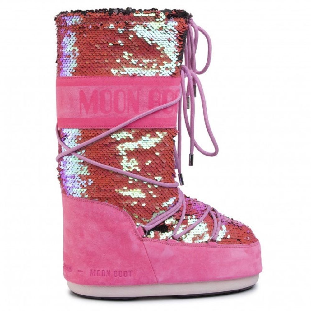 Women’s Tall Glitter Icon Sparkle Disco Moon Boots Pink Waterproof size 3.5/6